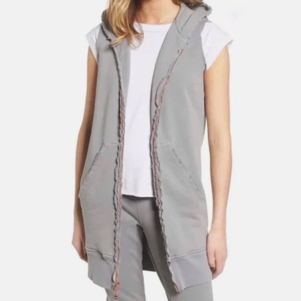 Frank & Eileen Gray Zip Up Longline Hooded Sleeveless Vest Flawed XS Pockets